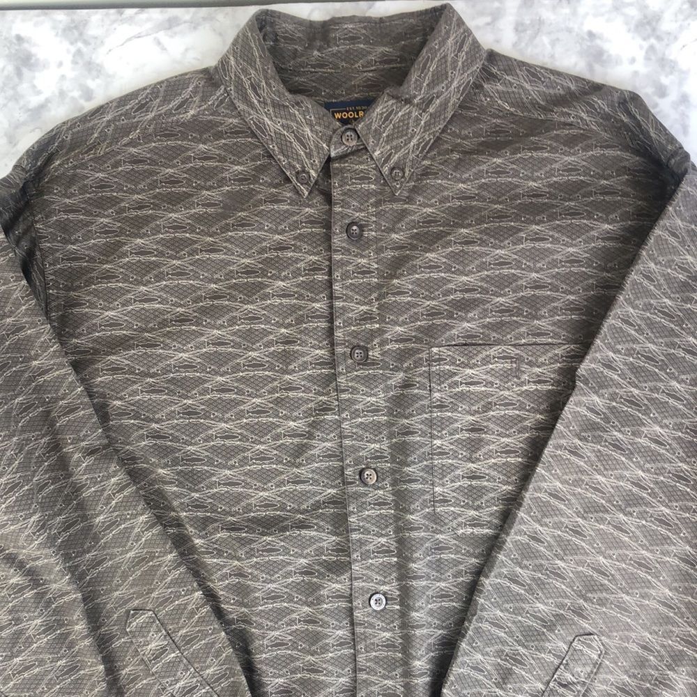 Woolrich Brown Vison Fish Fishing Rods Long Sleeve Button Down Shirt - Size XL